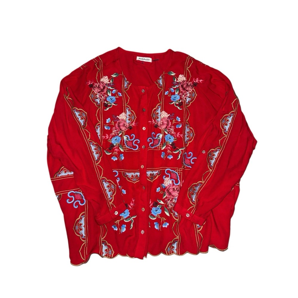 Paparazzi‎ Blouse Womens Large Red Embroidered Floral Boho Button Up Casual